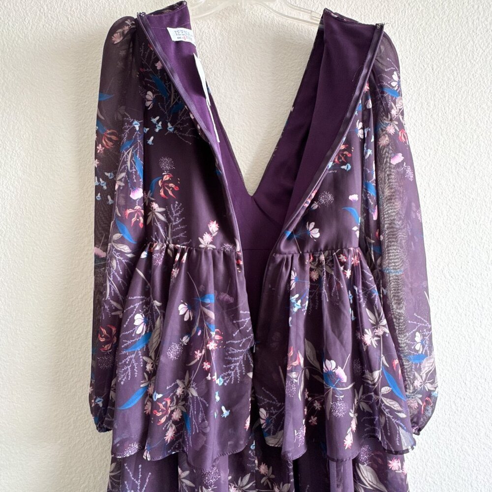 Ieena for Mac Duggal Purple Floral Long Sleeve Tiered Gown Size 0 - Picture 11 of 14